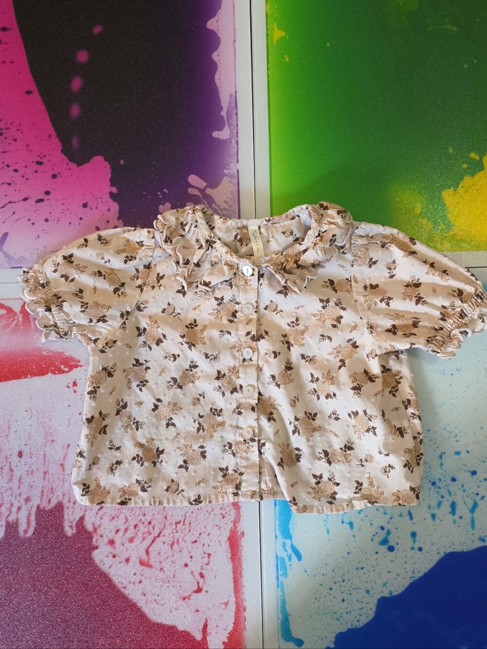 Rylee + Cru Cream Floral Button-Up Ruffle Collar Crop 4/5 Top